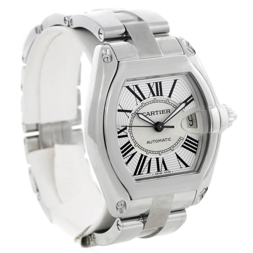 The image shows a Cartier Roadster W62025V3 Men's Stainless Steel Silver Dial W62025V3 Men's Stainless Steel Silver Dial watch at a three-quarter angle, highlighting its face, bezel, and bracelet.
