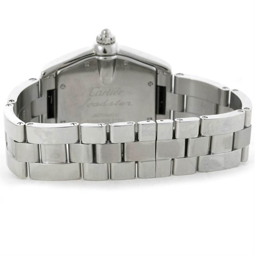 This image shows the back of a Cartier Roadster W62025V3 Men's Stainless Steel Silver Dial W62025V3 Men's Stainless Steel Silver Dial watch, including its case back, crown, and bracelet.
