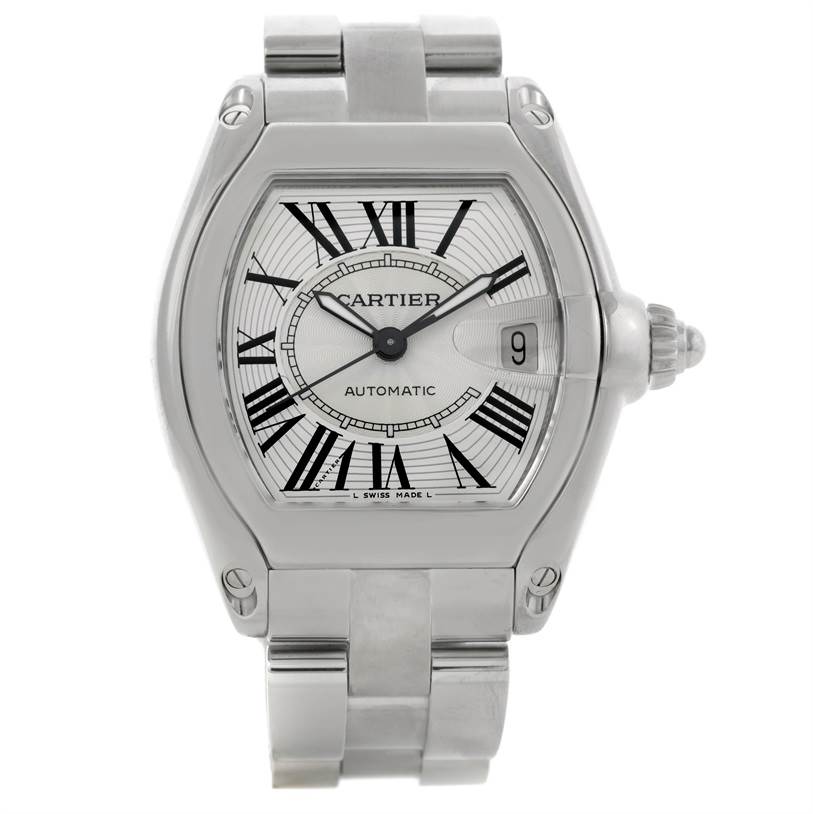 This image shows a front view of a Cartier Roadster W62025V3 Men's Stainless Steel Silver Dial W62025V3 Men's Stainless Steel Silver Dial watch displaying its face, bezel, crown, and part of the bracelet.