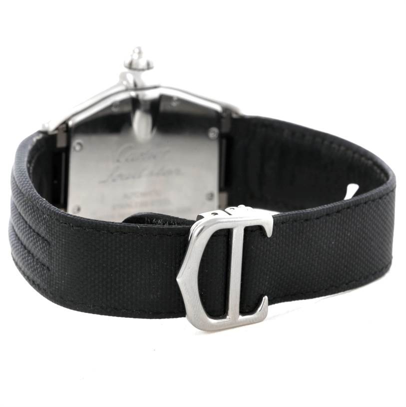 The image shows the back of a Cartier Roadster W62025V3 Men's Stainless Steel Silver Dial W62025V3 Men's Stainless Steel Silver Dial watch and its black strap with a clasp.