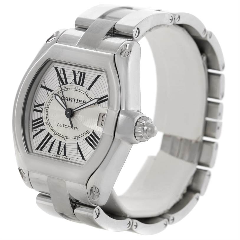 The Cartier Roadster W62025V3 Men's Stainless Steel Silver Dial W62025V3 Men's Stainless Steel Silver Dial watch is shown at an angle highlighting the dial, crown, and bracelet.