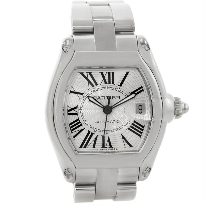 The image shows a front view of the Cartier Roadster W62025V3 Men's Stainless Steel Silver Dial W62025V3 Men's Stainless Steel Silver Dial model watch, displaying its face, bezel, and part of the bracelet.