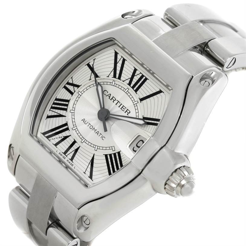 This image shows a close-up of the Cartier Roadster W62025V3 Men's Stainless Steel Silver Dial W62025V3 Men's Stainless Steel Silver Dial watch, highlighting the face, bezel, and part of the bracelet.