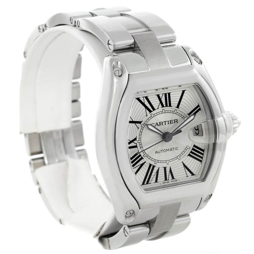 The image shows a Cartier Roadster W62025V3 Men's Stainless Steel Silver Dial W62025V3 Men's Stainless Steel Silver Dial watch at an oblique angle, highlighting the dial, case, and bracelet.