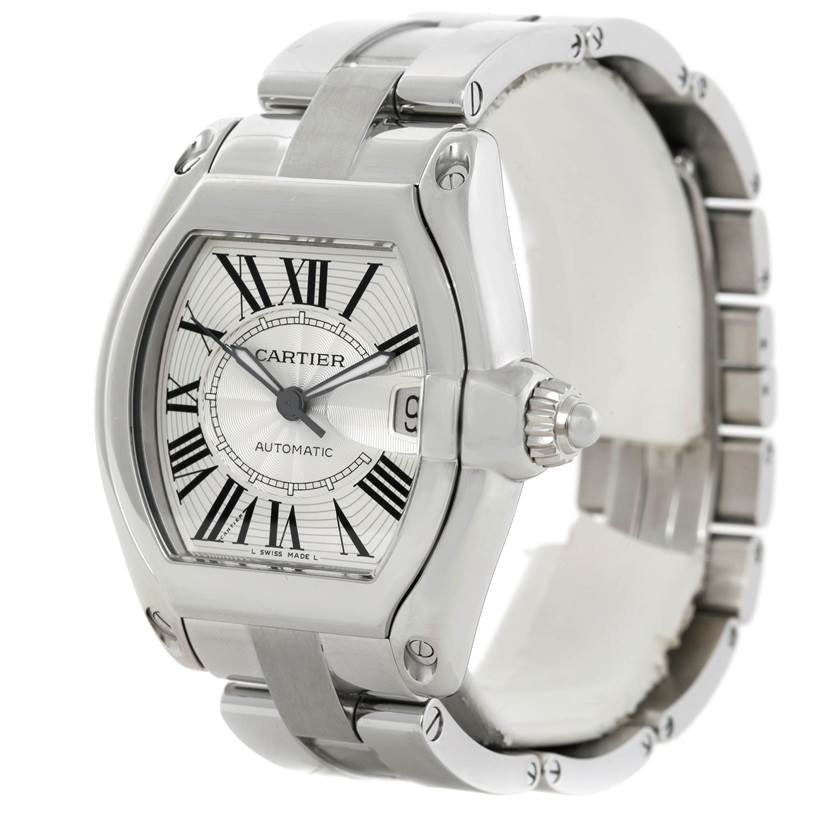 The image shows a Cartier Roadster W62025V3 Men's Stainless Steel Silver Dial W62025V3 Men's Stainless Steel Silver Dial watch from an oblique angle, highlighting its dial, case, and part of the bracelet.