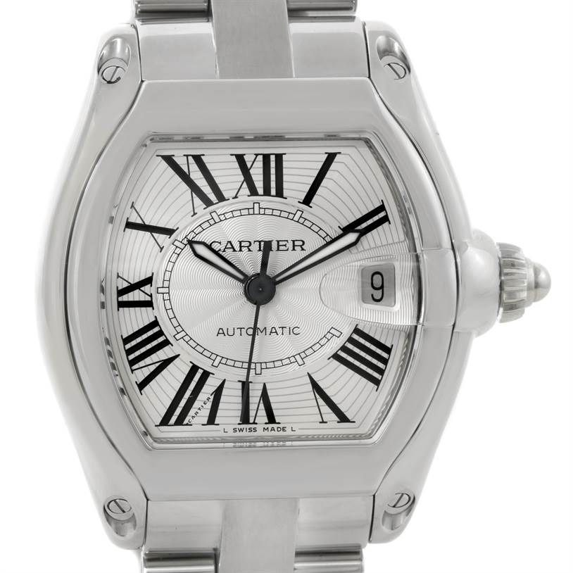 The image shows a front view of the Cartier Roadster W62025V3 Men's Stainless Steel Silver Dial W62025V3 Men's Stainless Steel Silver Dial watch, highlighting its face, Roman numerals, and stainless steel casing.