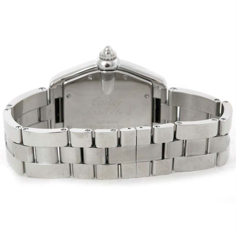This image shows the back and bracelet of the Cartier Roadster W62025V3 Men's Stainless Steel Silver Dial W62025V3 Men's Stainless Steel Silver Dial model watch from a straight rear angle.