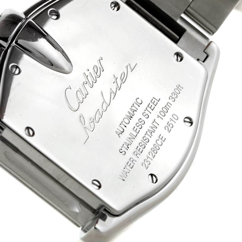 This image shows the back casing of the Cartier Roadster W62025V3 Men's Stainless Steel Silver Dial W62025V3 Men's Stainless Steel Silver Dial watch, displaying model details and specifications.