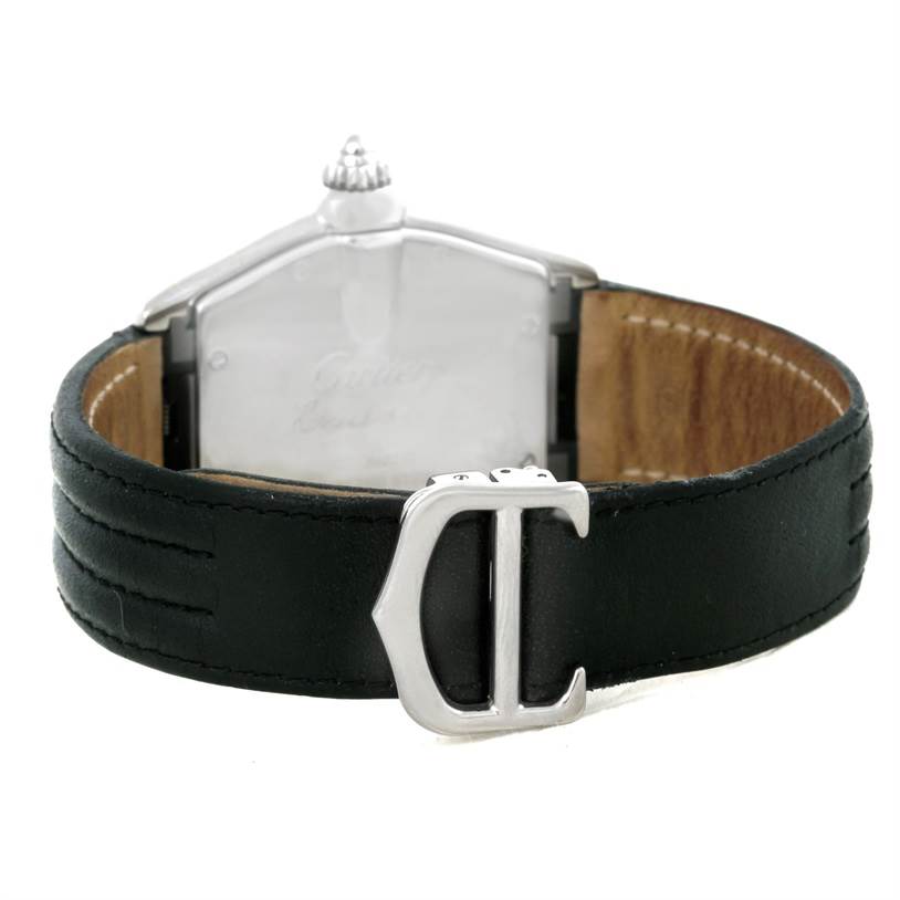 The image shows the back view of a Cartier Roadster W62000V3 Men's Stainless Steel Silver Dial W62000V3 Men's Stainless Steel Silver Dial watch, highlighting the buckle and leather strap.