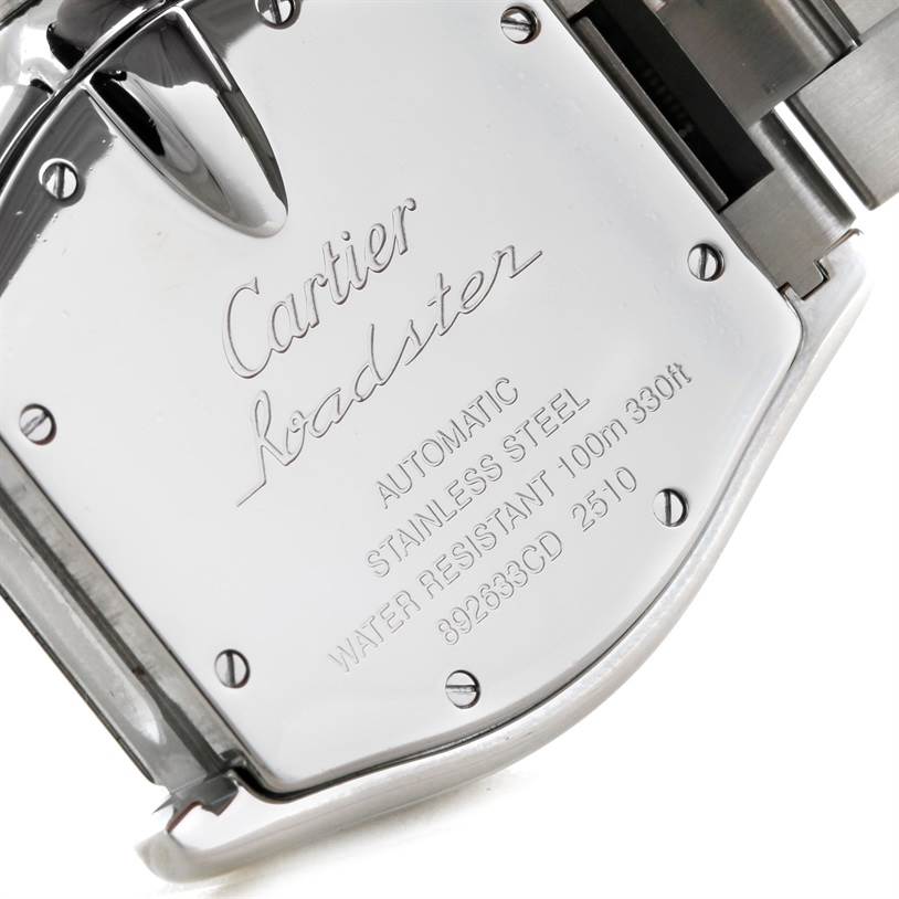 This image shows the back case of a Cartier Roadster W62000V3 Men's Stainless Steel Silver Dial W62000V3 Men's Stainless Steel Silver Dial watch, highlighting its model information and material specifications.