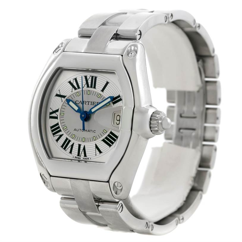 The Cartier Roadster W62000V3 Men's Stainless Steel Silver Dial W62000V3 Men's Stainless Steel Silver Dial watch is shown at a three-quarter angle displaying its face, crown, and part of its bracelet.