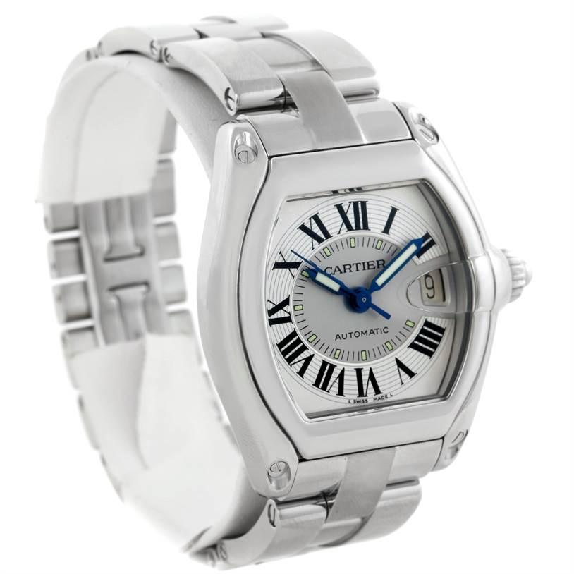 This Cartier Roadster W62000V3 Men's Stainless Steel Silver Dial W62000V3 Men's Stainless Steel Silver Dial watch is shown at a three-quarter angle, displaying the face, bracelet, and crown.