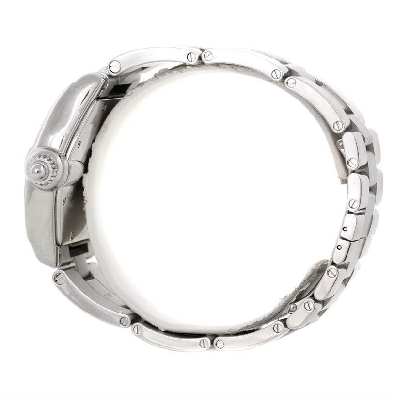 This image shows a side view of a Cartier Roadster W62000V3 Men's Stainless Steel Silver Dial W62000V3 Men's Stainless Steel Silver Dial watch, focusing on its crown and bracelet links.