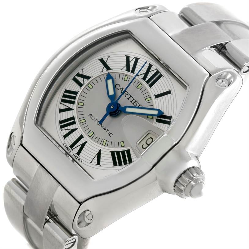 This image shows a close-up angled view of the face and part of the bracelet of the Cartier Roadster W62000V3 Men's Stainless Steel Silver Dial W62000V3 Men's Stainless Steel Silver Dial watch model.