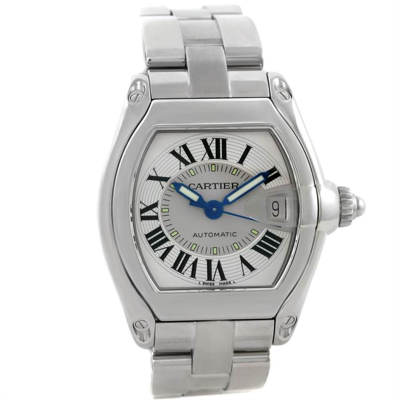 This image shows a Cartier Roadster W62000V3 Men's Stainless Steel Silver Dial W62000V3 Men's Stainless Steel Silver Dial watch from a front angle, featuring its face, Roman numerals, date window, and metal bracelet.