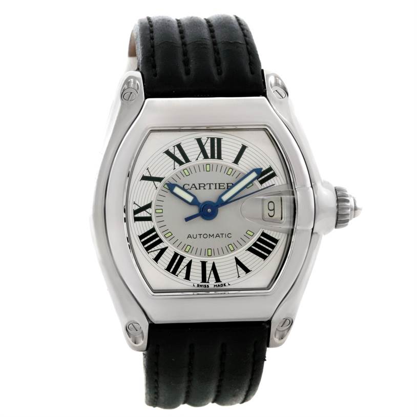 This Cartier Roadster W62000V3 Men's Stainless Steel Silver Dial W62000V3 Men's Stainless Steel Silver Dial watch is shown from a front angle displaying the face, bezel, and part of the black leather strap.