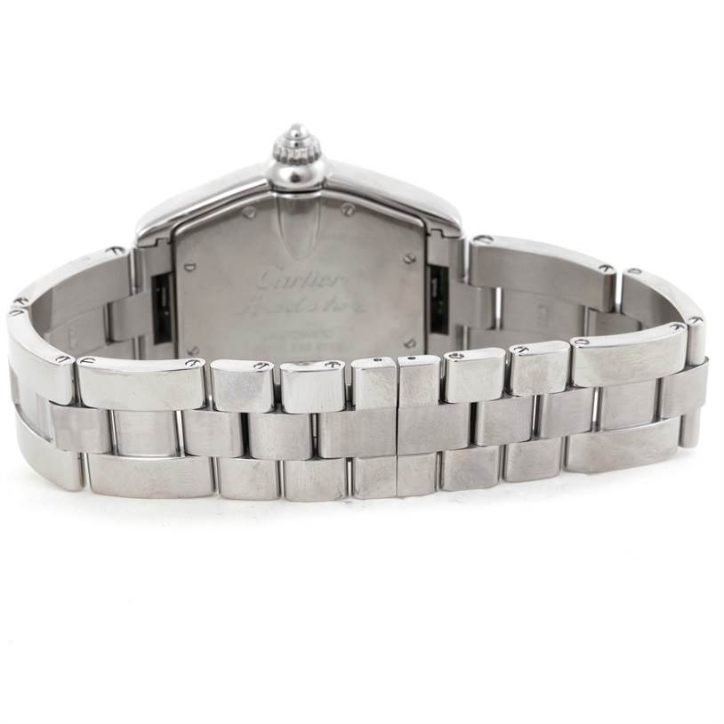 The image shows the back and bracelet of a Cartier Roadster W62000V3 Men's Stainless Steel Silver Dial W62000V3 Men's Stainless Steel Silver Dial watch from a rear angle.