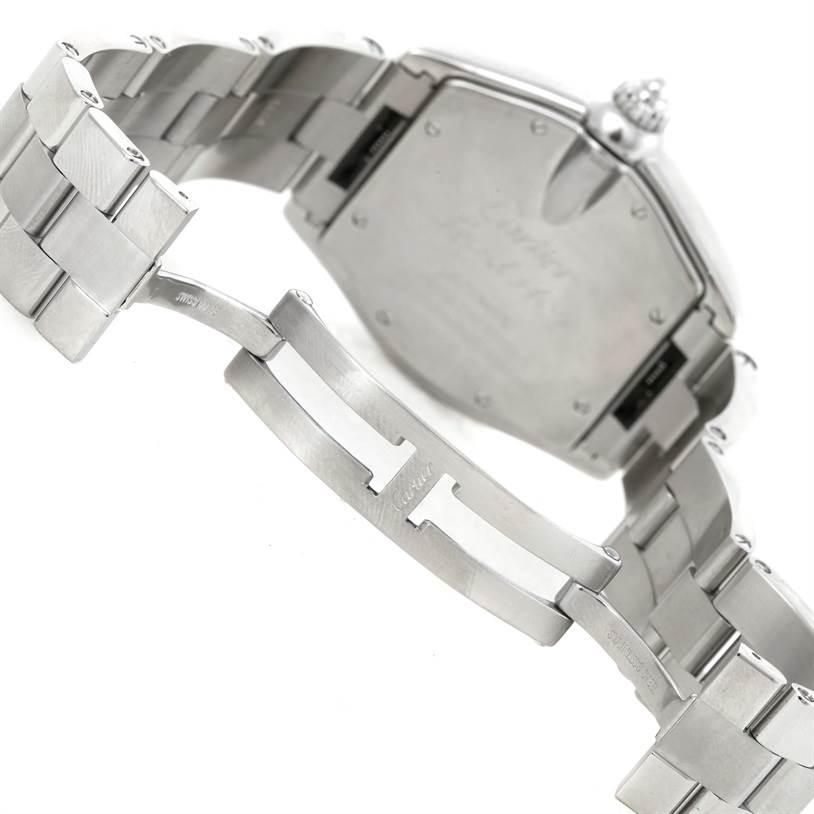 This image shows the bracelet and clasp mechanism of the Cartier Roadster W62000V3 Men's Stainless Steel Silver Dial W62000V3 Men's Stainless Steel Silver Dial watch from a rear angle.