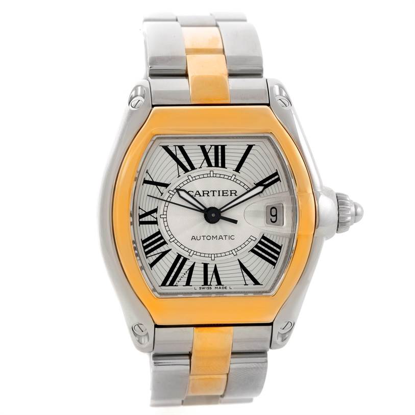 This Cartier Roadster W62031Y4 Men's Steel and Gold (two tone) Silver Dial W62031Y4 Men's Steel and Gold (two tone) Silver Dial watch is shown from the front, displaying the face, bracelet, and crown.