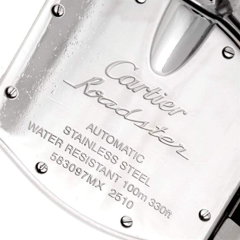 The image shows the case back of a Cartier Roadster W62041V3 Men's Stainless Steel Black Dial W62041V3 Men's Stainless Steel Black Dial watch with engraved details.
