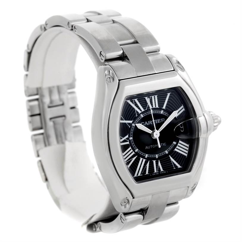 The image shows a Cartier Roadster W62041V3 Men's Stainless Steel Black Dial W62041V3 Men's Stainless Steel Black Dial watch at a three-quarter angle, highlighting its dial, bezel, crown, and bracelet.