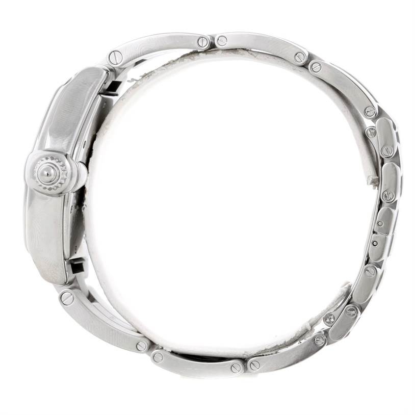 This side-angle view of the Cartier Roadster W62041V3 Men's Stainless Steel Black Dial W62041V3 Men's Stainless Steel Black Dial watch displays the crown and metal bracelet.