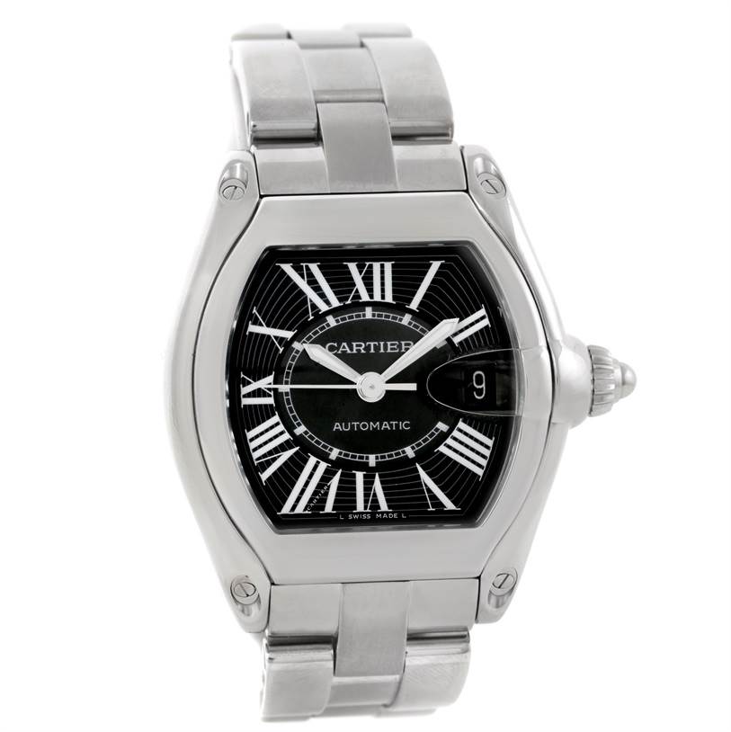 The image shows a Cartier Roadster W62041V3 Men's Stainless Steel Black Dial W62041V3 Men's Stainless Steel Black Dial model watch from a front angle, highlighting the dial and stainless steel bracelet.