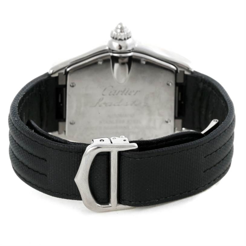 The image shows the back view of a Cartier Roadster W62041V3 Men's Stainless Steel Black Dial W62041V3 Men's Stainless Steel Black Dial watch, highlighting the strap and clasp.