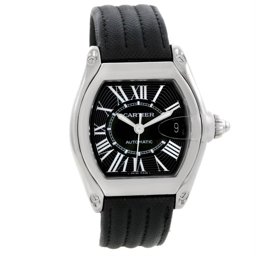 The image shows a frontal view of a Cartier Roadster W62041V3 Men's Stainless Steel Black Dial W62041V3 Men's Stainless Steel Black Dial watch, highlighting its black dial, stainless steel case, and black strap.