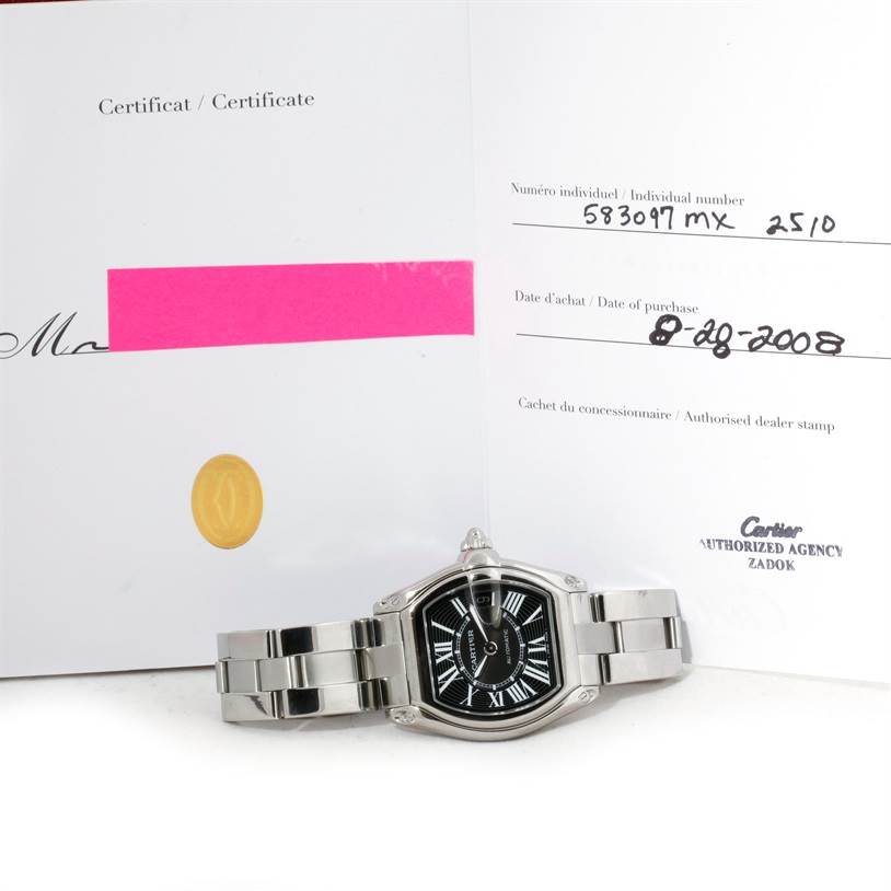 The image shows a Cartier Roadster W62041V3 Men's Stainless Steel Black Dial W62041V3 Men's Stainless Steel Black Dial watch and its certificate, displayed from a front angle.