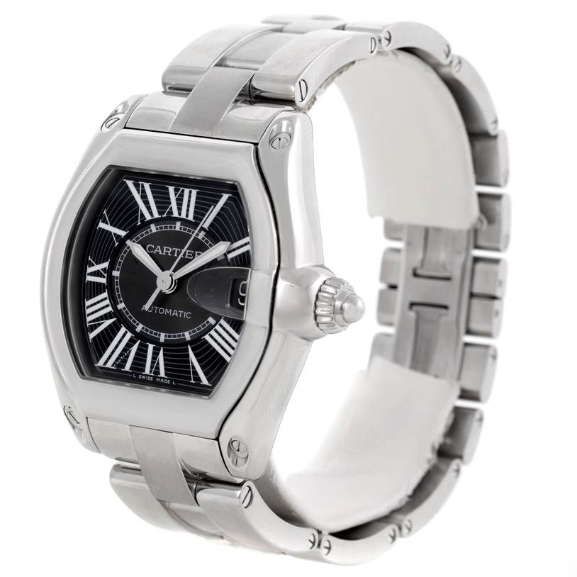 The image shows a three-quarter view of a Cartier Roadster W62041V3 Men's Stainless Steel Black Dial W62041V3 Men's Stainless Steel Black Dial watch, highlighting its face, crown, and bracelet.