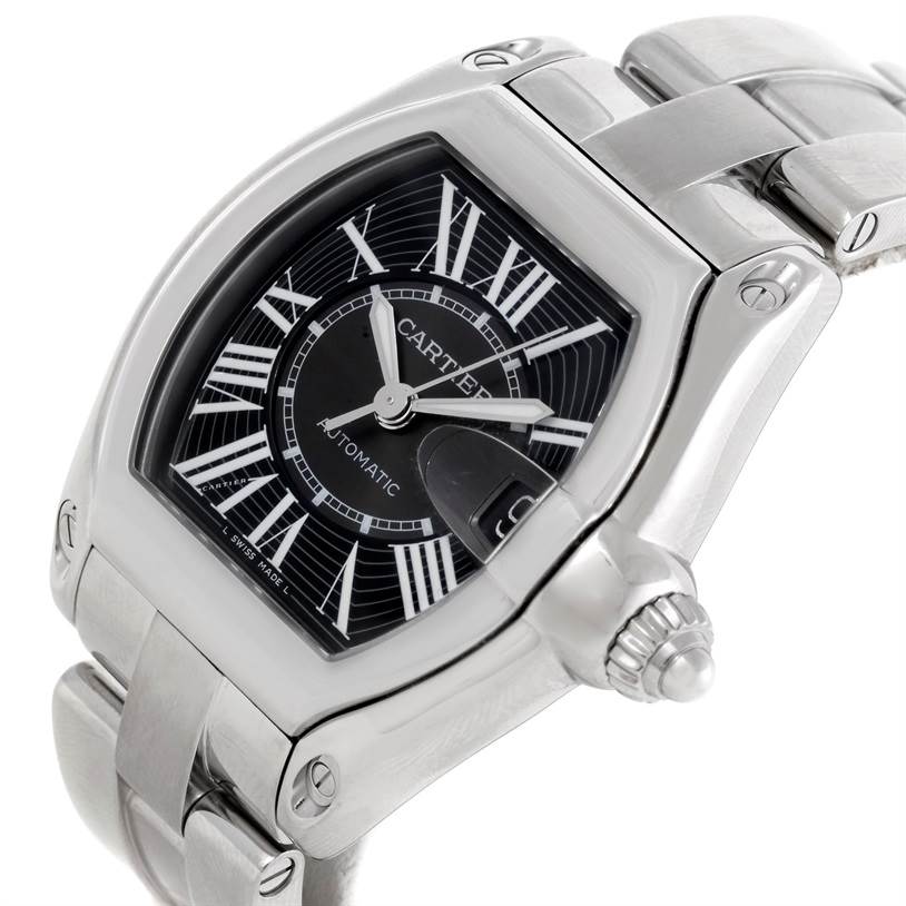 The Cartier Roadster W62041V3 Men's Stainless Steel Black Dial W62041V3 Men's Stainless Steel Black Dial watch is shown at a slight left-side angle, highlighting the case, dial, bracelet, and crown.