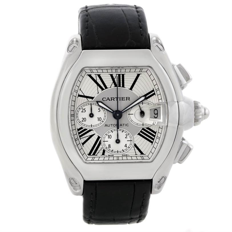 The Cartier Roadster W62019X6 Men's Stainless Steel Silver Dial W62019X6 Men's Stainless Steel Silver Dial watch is shown from a front angle, displaying its face, crown, pushers, and leather strap.