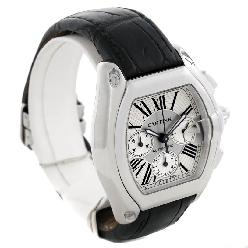 The Cartier Roadster W62019X6 Men's Stainless Steel Silver Dial W62019X6 Men's Stainless Steel Silver Dial watch is shown at a three-quarter angle, highlighting the face, crown, and leather strap.