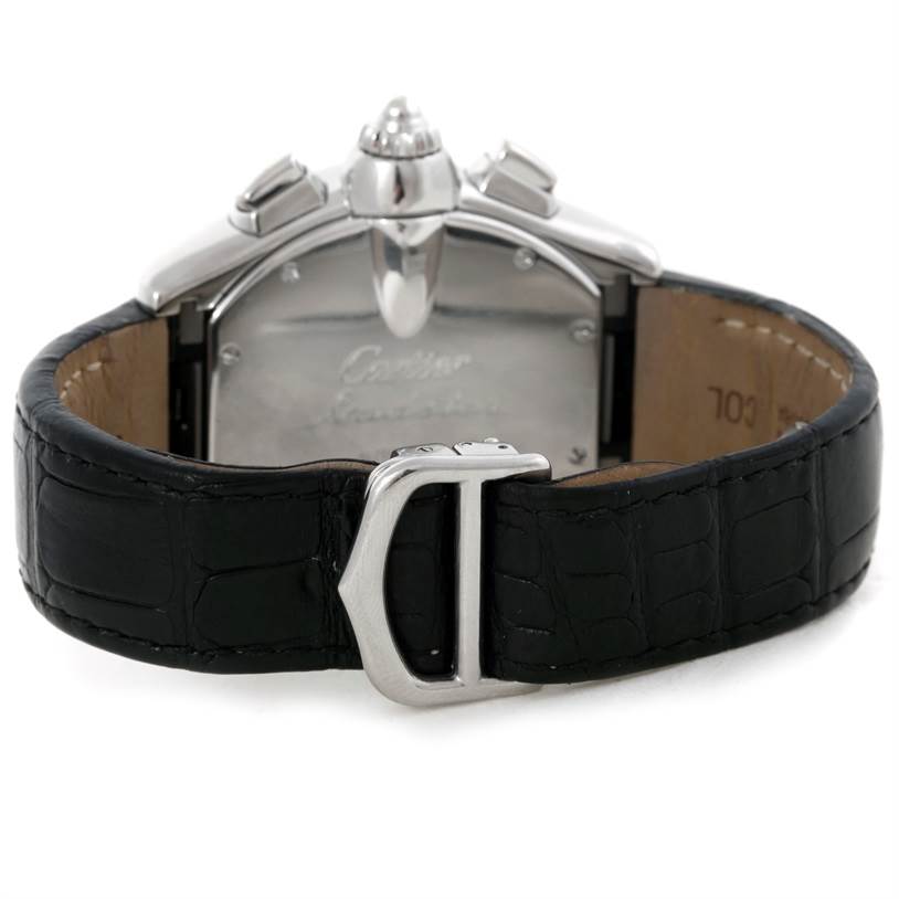 This image shows the backside and strap of the Roadster model watch by Cartier from a rear angle.