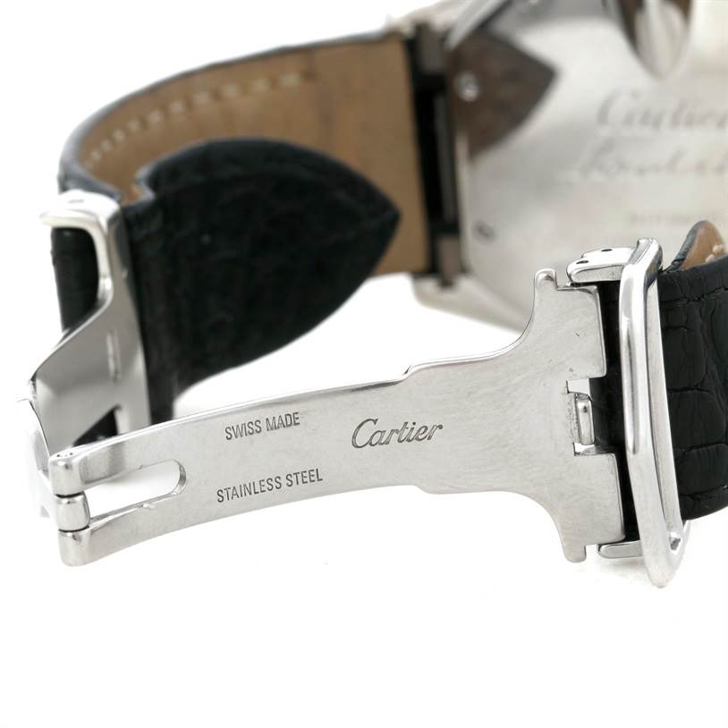 The image shows the clasp and part of the leather strap of a Cartier Roadster W62019X6 Men's Stainless Steel Silver Dial W62019X6 Men's Stainless Steel Silver Dial watch at a side angle.