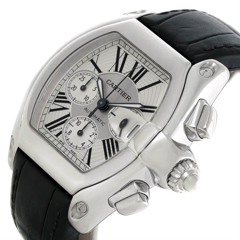 The image shows a Cartier Roadster W62019X6 Men's Stainless Steel Silver Dial W62019X6 Men's Stainless Steel Silver Dial watch at a three-quarter angle, highlighting the face, crown, and pushers.