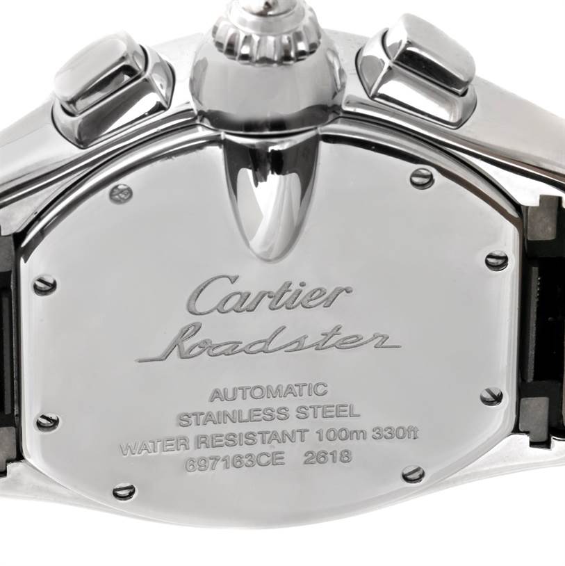 The image shows the back case of the Cartier Roadster W62019X6 Men's Stainless Steel Silver Dial W62019X6 Men's Stainless Steel Silver Dial watch, displaying its specifications and brand engravings.