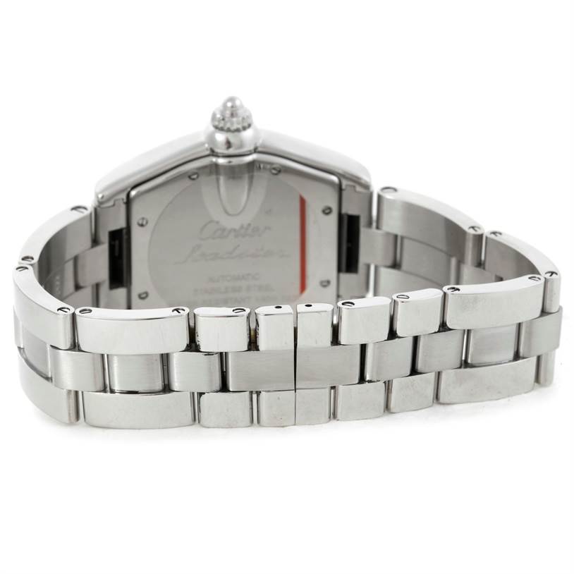 The image shows the back case and metal bracelet of a Cartier Roadster W62025V3 Men's Stainless Steel Silver Dial W62025V3 Men's Stainless Steel Silver Dial watch from a rear angle.