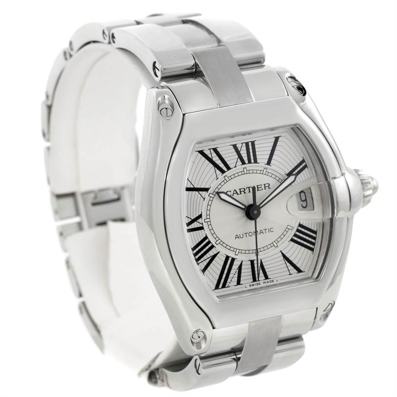 The Cartier Roadster W62025V3 Men's Stainless Steel Silver Dial W62025V3 Men's Stainless Steel Silver Dial watch is shown at a slightly tilted angle, displaying its dial, case, crown, and part of the bracelet.