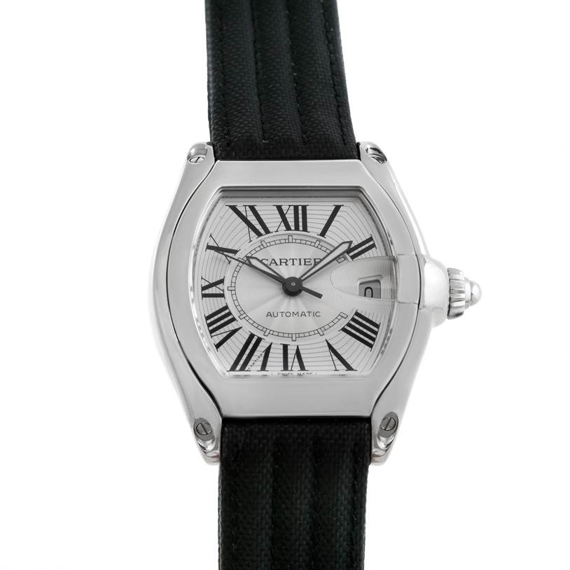The image shows a front view of a Cartier Roadster W62025V3 Men's Stainless Steel Silver Dial W62025V3 Men's Stainless Steel Silver Dial watch, highlighting the dial, case, and strap.