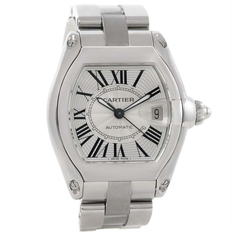 The image shows a front view of a Cartier Roadster W62025V3 Men's Stainless Steel Silver Dial W62025V3 Men's Stainless Steel Silver Dial watch, highlighting the dial, hands, crown, and part of the bracelet.