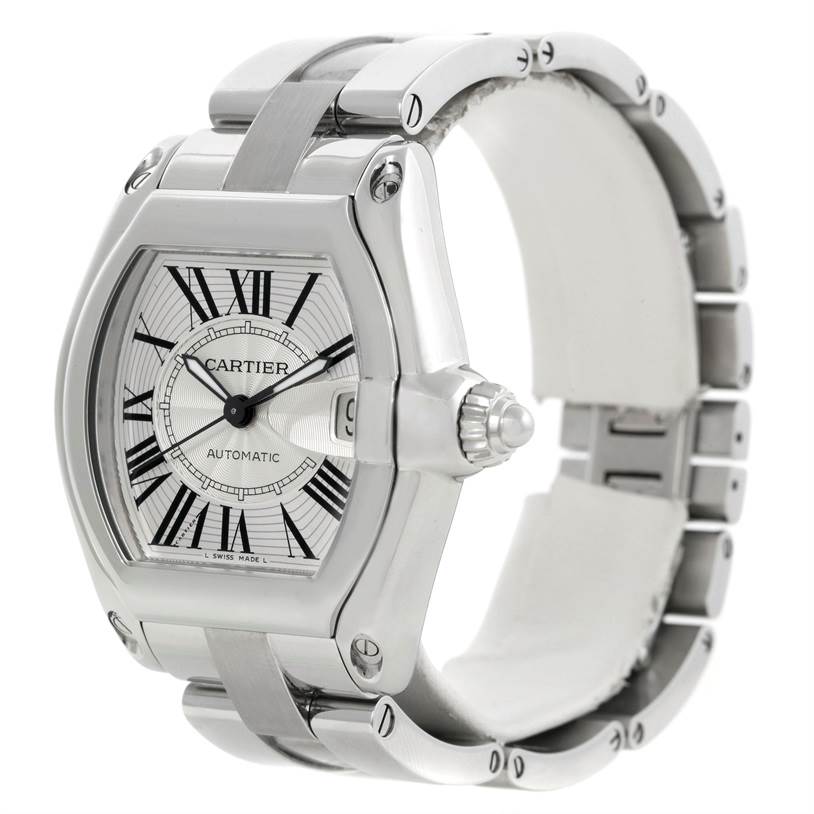 The image shows a Cartier Roadster W62025V3 Men's Stainless Steel Silver Dial W62025V3 Men's Stainless Steel Silver Dial watch, emphasizing its face, bezel, crown, and stainless steel band at a three-quarter angle.