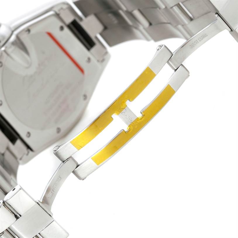 This image shows the open clasp and back case of a Cartier Roadster W62025V3 Men's Stainless Steel Silver Dial W62025V3 Men's Stainless Steel Silver Dial watch.