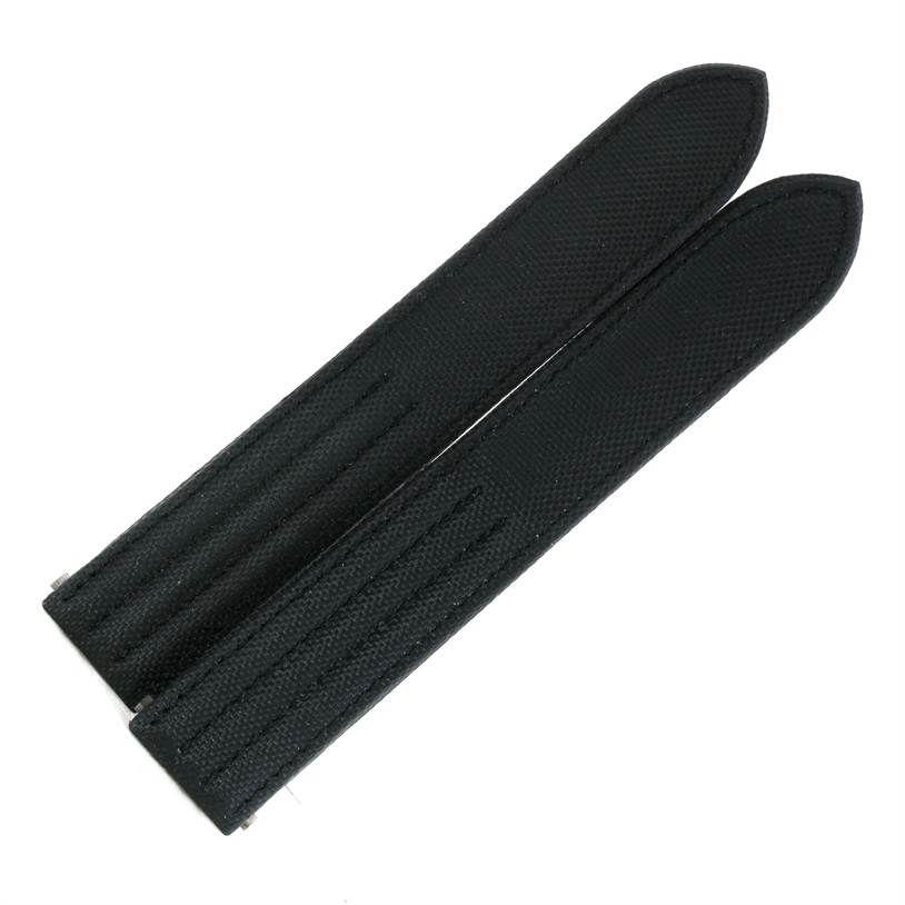 This image shows two black straps for the Cartier Roadster W62025V3 Men's Stainless Steel Silver Dial W62025V3 Men's Stainless Steel Silver Dial model watch from a top-down view.