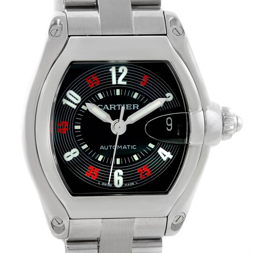 The image shows a front view of the Cartier Roadster W62002V3 Men
s Stainless Steel Black Dial W62002V3 Men
s Stainless Steel Black Dial watch, highlighting its dial, hands, case, and part of the band.