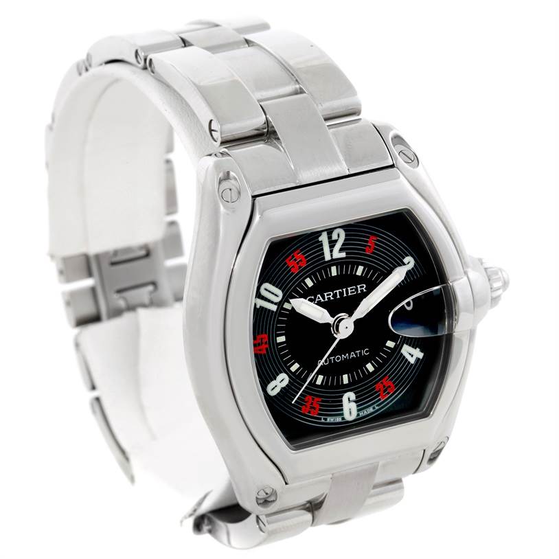 The Cartier Roadster W62002V3 Men
s Stainless Steel Black Dial W62002V3 Men
s Stainless Steel Black Dial watch is shown at an angled front view, highlighting the face, case, and metal bracelet.