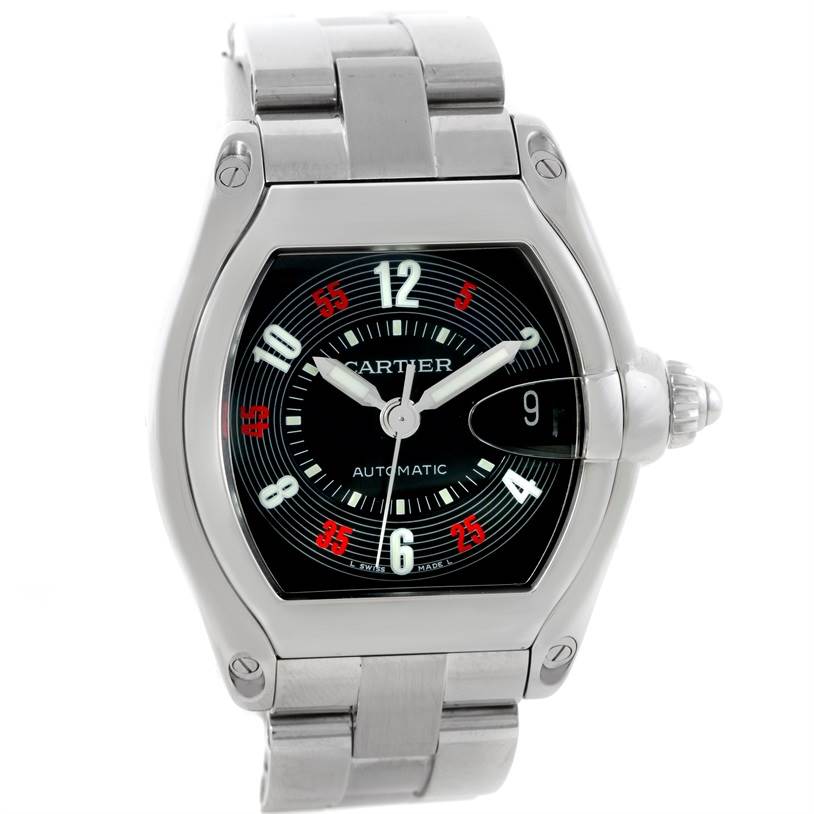 The image shows a front view of a Cartier Roadster W62002V3 Men
s Stainless Steel Black Dial W62002V3 Men
s Stainless Steel Black Dial watch, highlighting its face, dial, and part of the bracelet.