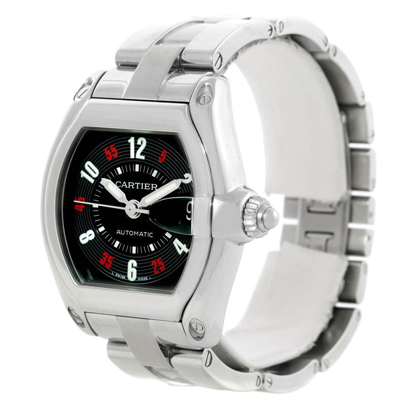 The image shows a Cartier Roadster W62002V3 Men
s Stainless Steel Black Dial W62002V3 Men
s Stainless Steel Black Dial watch at an angle highlighting its face, bezel, crown, and steel bracelet.