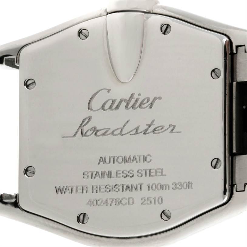 This image shows the back case of a Cartier Roadster W62002V3 Men
s Stainless Steel Black Dial W62002V3 Men
s Stainless Steel Black Dial watch, highlighting details such as material, water resistance, and model information.